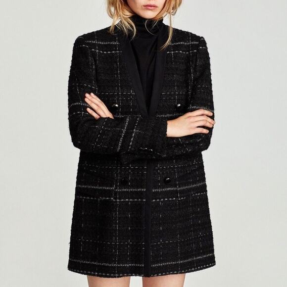 NWT Zara Black Textured Tweed Checked Frock Coat. - Picture 2 of 12